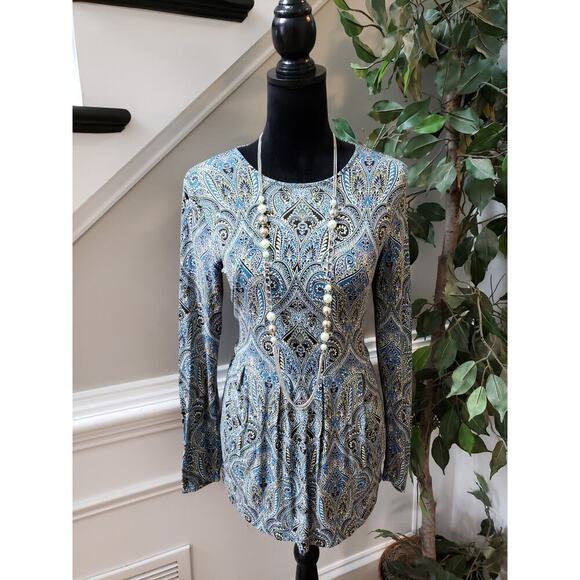 J Jill Wearever Tunic Top Women XS Blue Black Paisley Rayon Stretch Boho Casual - Picture 2 of 9